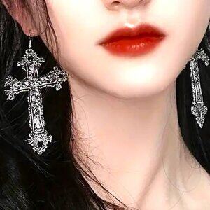Earrings Cross Gypsy Gothic Emo Rave Silver Flower Large Stylish Scene Celtic